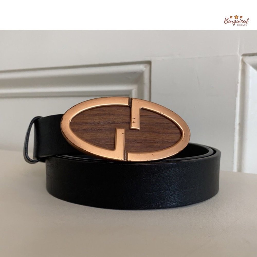 Authentic Gucci Vintage Black Leather Bronze Interlocking G Wood Belt 80/32 - Picture 12 of 12
